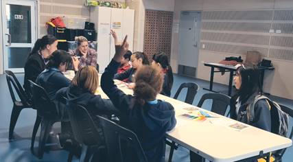 A group of people sitting at a table raising their hands

Description automatically generated with medium confidence