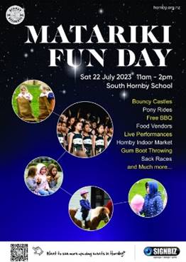 A poster for Matariki Fun Day happening on Saturday 22 July 2023 from 11 am to 2 pm. Picture contains a list of activities happening on the day accompanied by photos. 