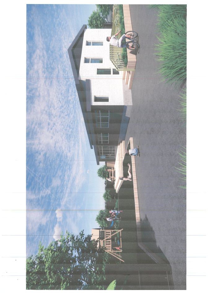 A house with a couple of people sitting on a bench

Description automatically generated