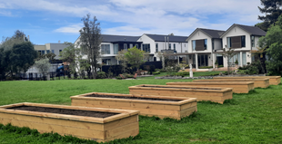 A large wooden boxes in a yard

Description automatically generated