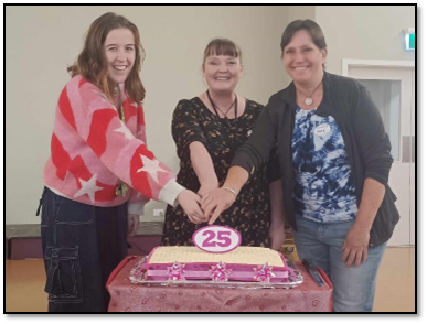 A group of women standing in front of a cake

Description automatically generated