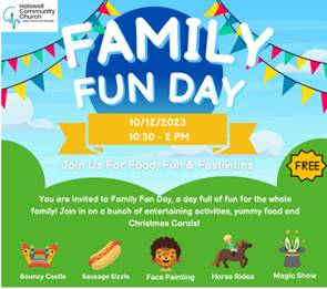 Colourful Family Fun Day poster with party activity graphic images (facepainting, horse rides, magic show, sausage sizzle, bouncy castle) noting the event date as 10 December 2023.