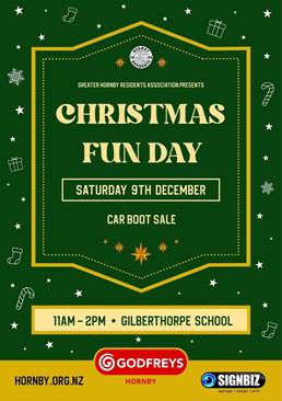 Greater Hornby Christmas Fun Day poster with Christmas winter graphic images, noting the event date as 9 December 2023.
