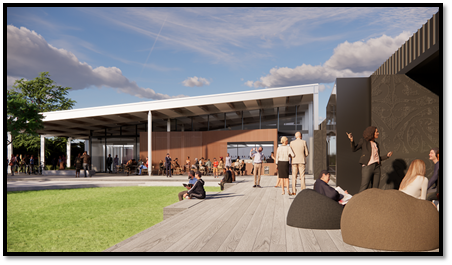Computer generated Matatiki Hornby Centre Concept Design – Community members sitting in the courtyard at library wing, with a view of the foyer area