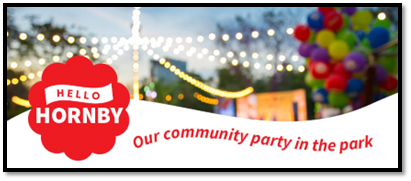 A Hello Hornby - Our Community Party in the park flyer