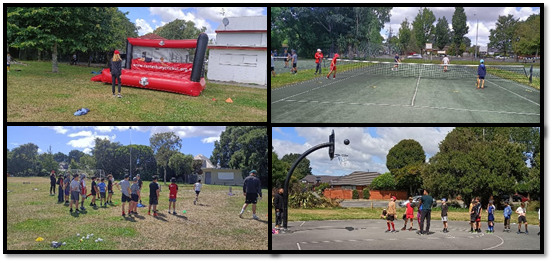 A collage of four photos of children playing on a bouncy castle, tennis and basketball and taking part in cricket training, 