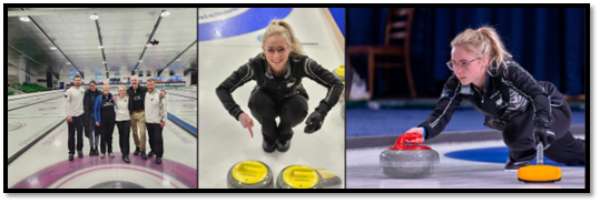 A photo of Courtney Smith posing with curling stones, a photo competing with and a group photo of 6 people at a group event.