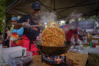 A person cooking food in a wok

Description automatically generated