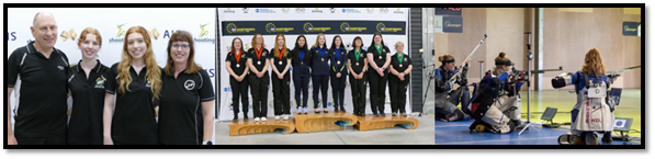Photo 1 - Four people from the New Zealand shooting team standing together for a photo
Photo 2 - A podium with teams of three (total of nine women) with their medals. The New Zealand team are wearing silver medals.
Photo 3 - Three competitors seated getting ready to shoot.