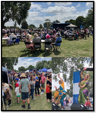 A collage of three photos: Large groups of people seated watching performances, people walking and viewing food stalls and a two performers dancing on stage.