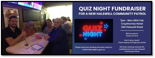 Four people seated at a table taking part in the Halswell Quiz and a Quiz Night Fundraiser flyer noting quiz night fundraiser details.