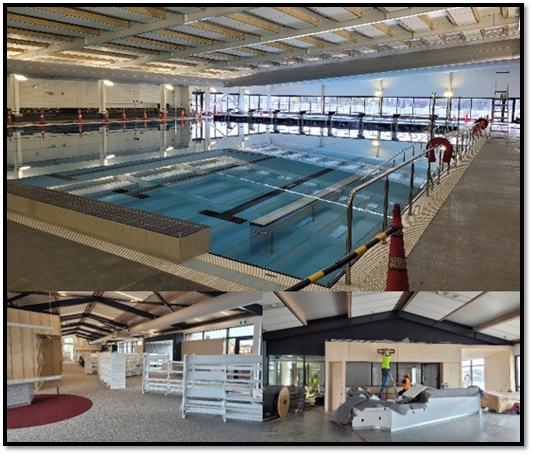 Three photos inside Matatiki Hornby Centre: A wide view of the pool, a wide view in the library showing a large area with a number of empty bookshelves and a photo of two workers installing fittings above a large desk area (one on a ladder and the other holding the ladder).