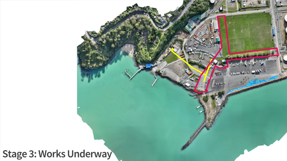 An aerial view of a land with a body of water

Description automatically generated