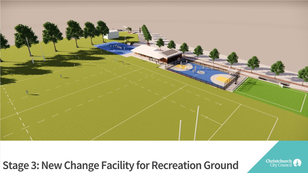 A sports field with trees and a building

Description automatically generated