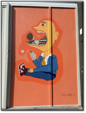 A mural of a person eating a house

Description automatically generated