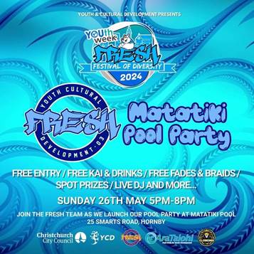 A bright blue and white poster with details of the Youth and Cultural Development – FRESH Matatiki Pool Party.
