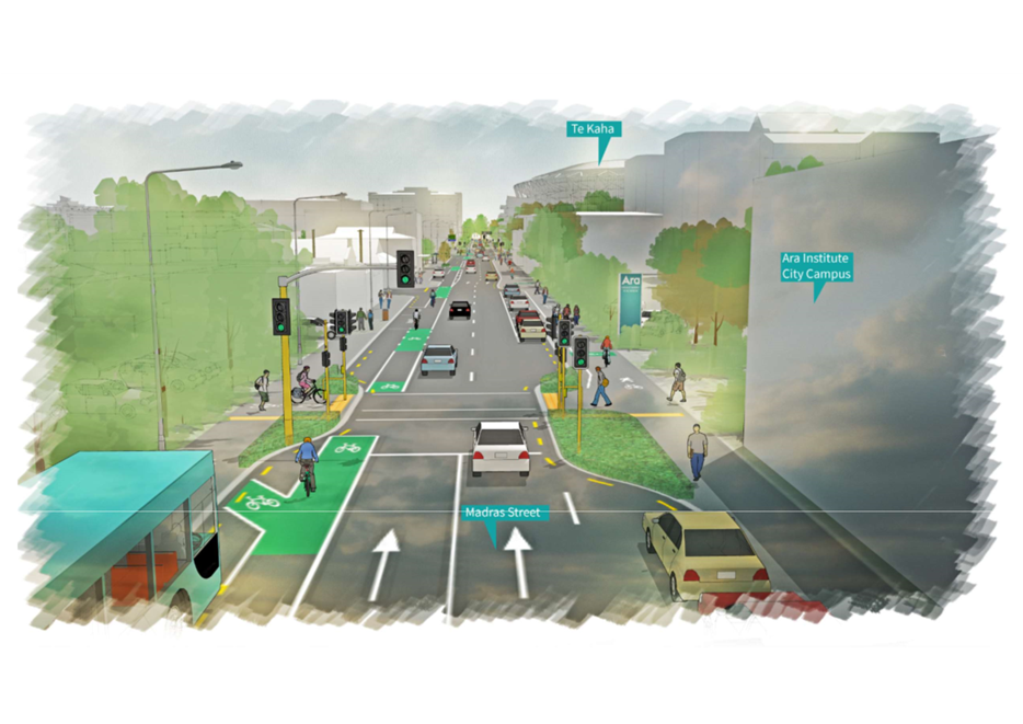 A drawing of a street with traffic lights and cars

Description automatically generated