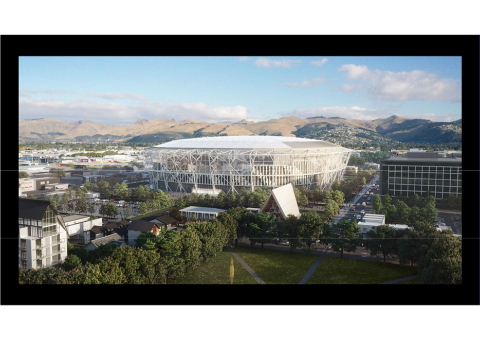 A large stadium with trees and mountains in the background

Description automatically generated