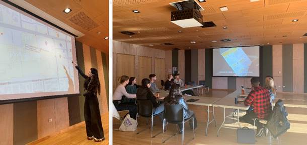 A photo of a  woman pointing to a map on a presentation screen and a photo of a group of people seated in a room being shown a presentation