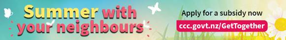 Summer with your neighbours graphic noting to apply for a subsidy at ccc.govt.nz/GetTogether