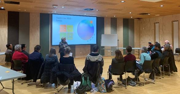 A group of people from the Riccarton Collective sitting in a room being shown a presentation