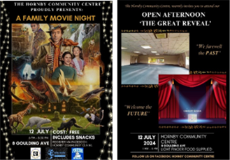A family movie night poster with graphics and movie night details and an open afternoon event poster with event details which was held on 12 July 2024.