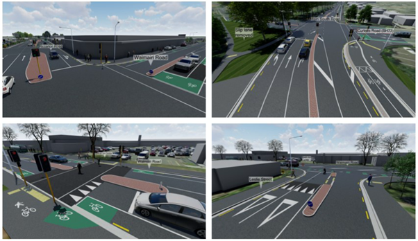 Four graphics showing Upper Riccarton Road safety improvements at four sites: Intersections of Main South and Curletts Roads, Leslie Street and Waimairi Road, Waimairi and Riccarton Roads and Waimairi Road Crossing point.