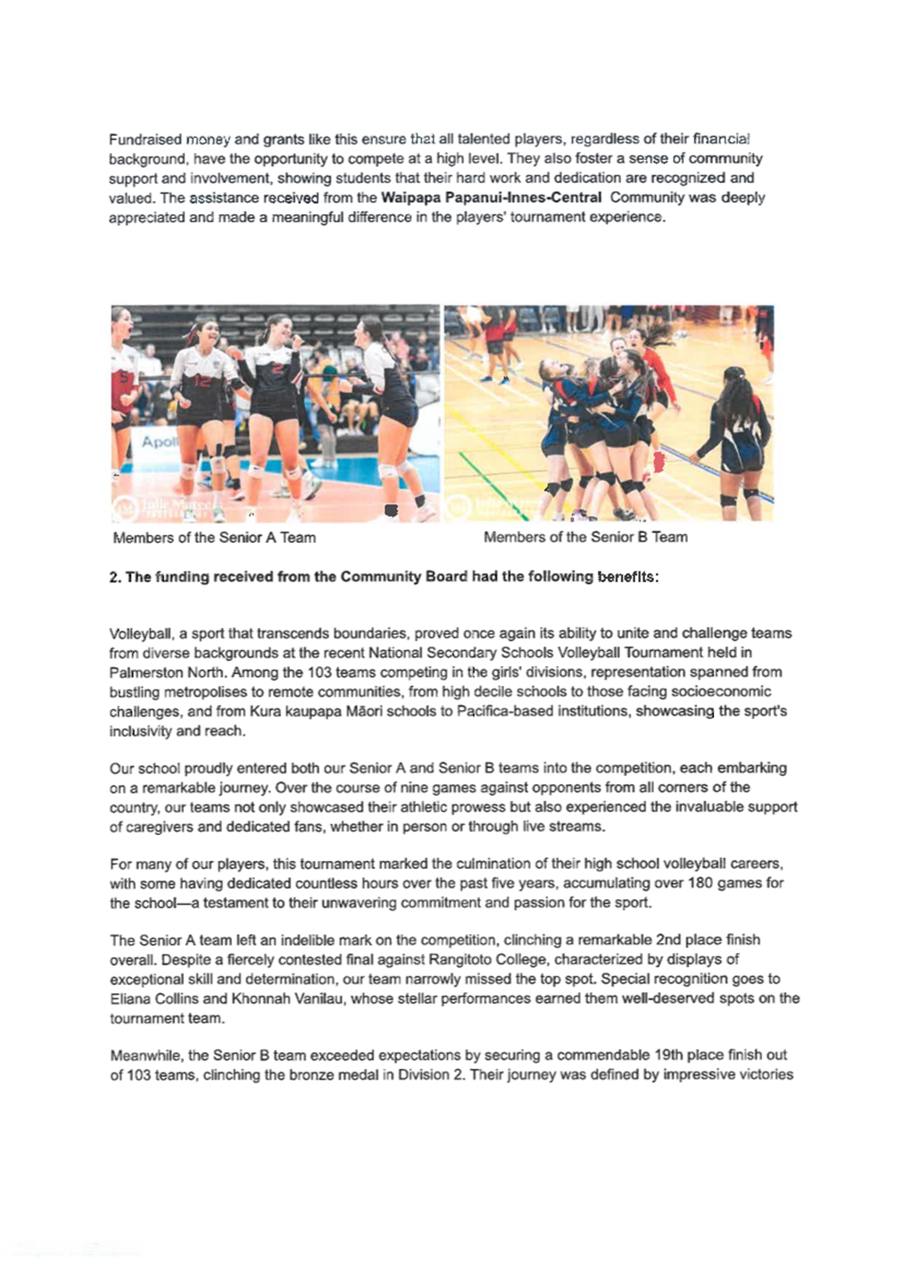A paper with text and pictures of a volleyball team

Description automatically generated
