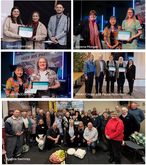 A collage of five Community Service Award presentations of recipients standing with Board members holding their certificates. Recipient: Sinead Coleman with Marie Pollisco and Andrei Moore. Recipient: Serena Morgan with Marie Pollisco and Helen Broughton. Recipient Quinn McConnell with Marie Pollisco. Recipients Helen Cropp and Paula Robinson with Marie Pollisco, Mark Peters and Sarah Brunton and Recipient Angela Swinney with a large group of people facing the camera.