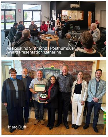 A collage of two photos - Jill Rosalind Simmonds Posthumous Award Presentation gathering of people sitting in a circle chatting and recipient Marc Duff standing with his certificate and Board members Helen Broughton, Mark Peters, Marie Pollisco, Henk Buunk, Sarah Brunton and Andrei Moore.