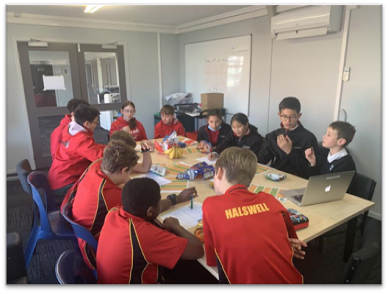 A Huritini Student Council group having a discussion, seated around a table.