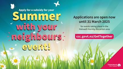 A Summer with your neighbours poster with grass and flowers, with text including 'Applications are open now until 31 March 2025'
