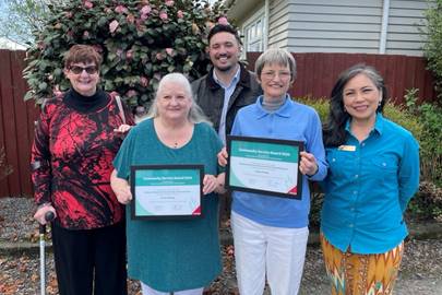 Jo van Limburg and Elaine Fowler standing outside, holding their certificates with Board members Helen Broughton, Marie Pollisco and Tyla Harrison-Hunt.

