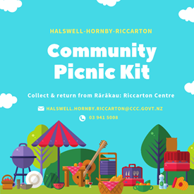 A colourful Community Picnic Kit graphic showing picnic items and text noiting collection and contact details.
