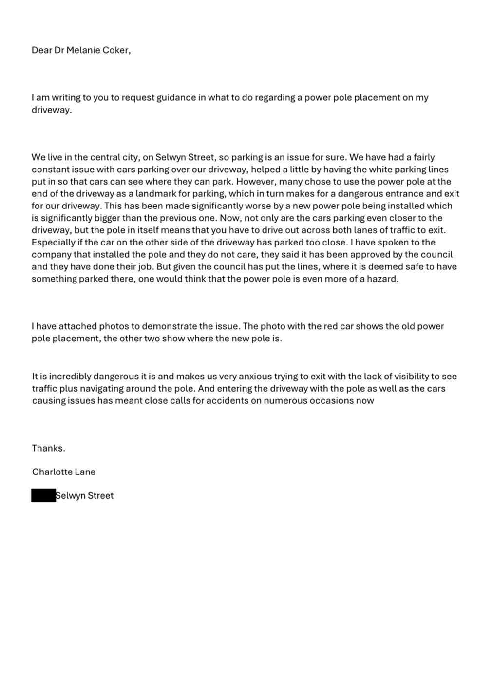A letter of a car parking

Description automatically generated with medium confidence