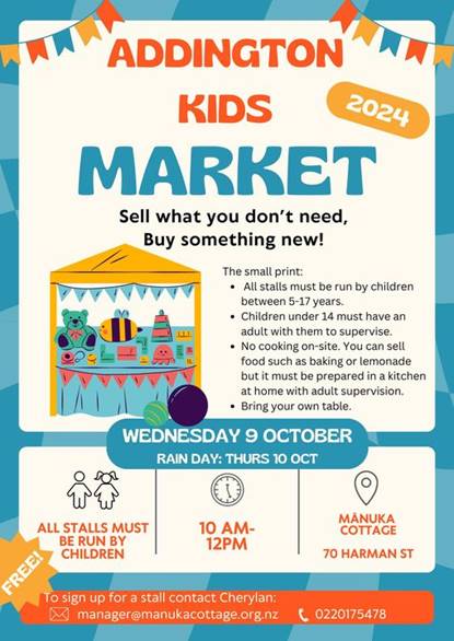 A poster for a kids market

Description automatically generated