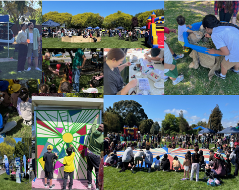A Riccarton Community Fun Day photo collage. Images include people painting a mural, posing for photos and patting rabbits, a crafting area, information stall, a balloon artist show, a large group of children holding a large parachute and a wide view of the event 