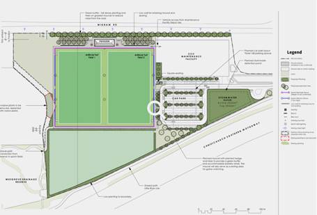 A Ngā Puna Wai artificial turf fields landscape plan which indicates two artificial turf fields, pavilion, car park and stormwater basin