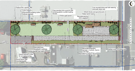 The Riccarton War Memorial Library Park Site Development concept plan which includes 4 trees, lawn area, paving, plantings and seating.