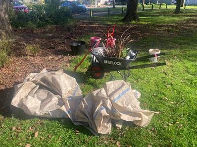 A wheelbarrow and a pile of plastic bags on grass

Description automatically generated