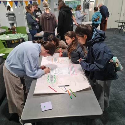 A group of people working on a paper

Description automatically generated