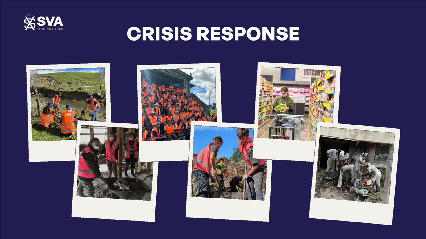 A collage of pictures of people in orange vests

Description automatically generated