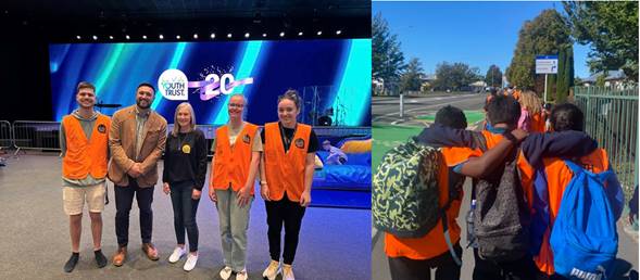 A photo of Councillor Harrison-Hunt standing with four people at the La Vida Youth Trust event and a photo of a group of children wearing orange vests walking together