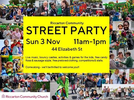 A Street Party poster noting event details and includes a collage of photos of people enjoying the event activities and music performances. 