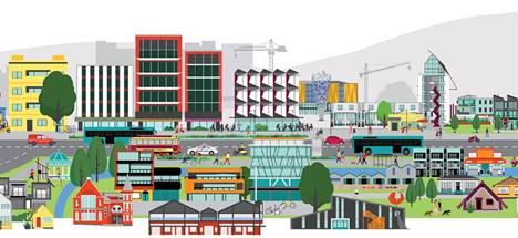 A graphic of a cityscape with buildings and a river