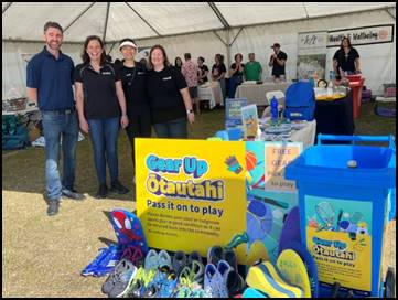 A group of people standing in front of a table with items

Description automatically generated