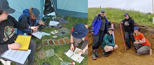 An image of 3 students reviewing soil samples, and an image of 4 people smiling for the camera outside with measuring equipment.
