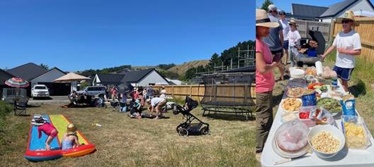 An image of group of people outside on a grassed area, seated at tables and children on a waterslide and an image of people around a table of food

