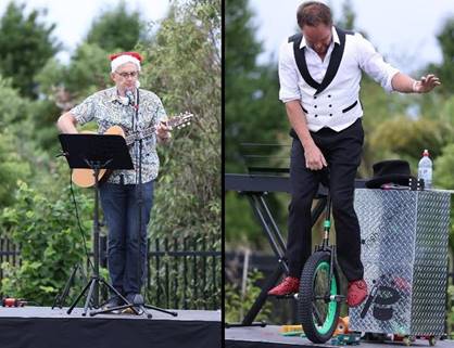 An image of a man with a guitar on stage and another image of a man on a unicycle on stage