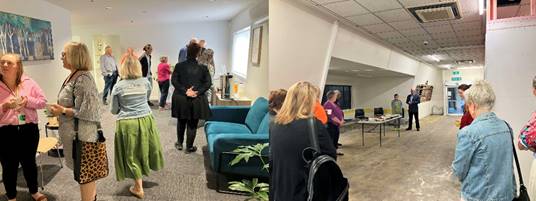 An image of a group of people standing chatting and an image of the a group of people standing and listening to a speaker